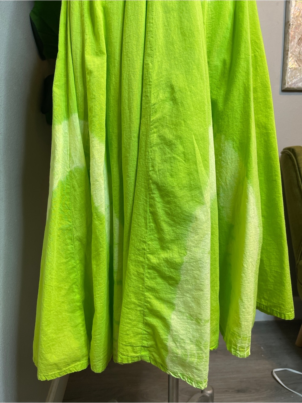 Artsy Boho Lagenlook French Bustle 100% Cotton Midi Dress Lime Green Tie Dye - Picture 5 of 15